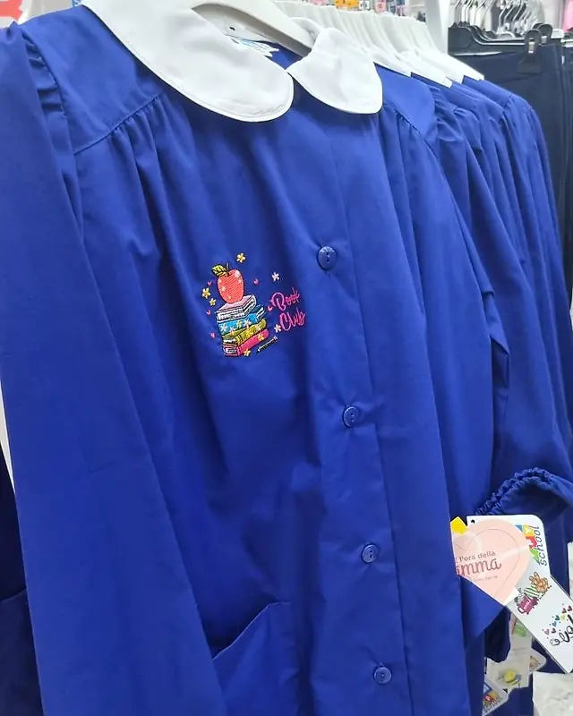 Grembiule blu da scuola primaria con colletto bianco tondo e ricamo Book Club con mela e libri